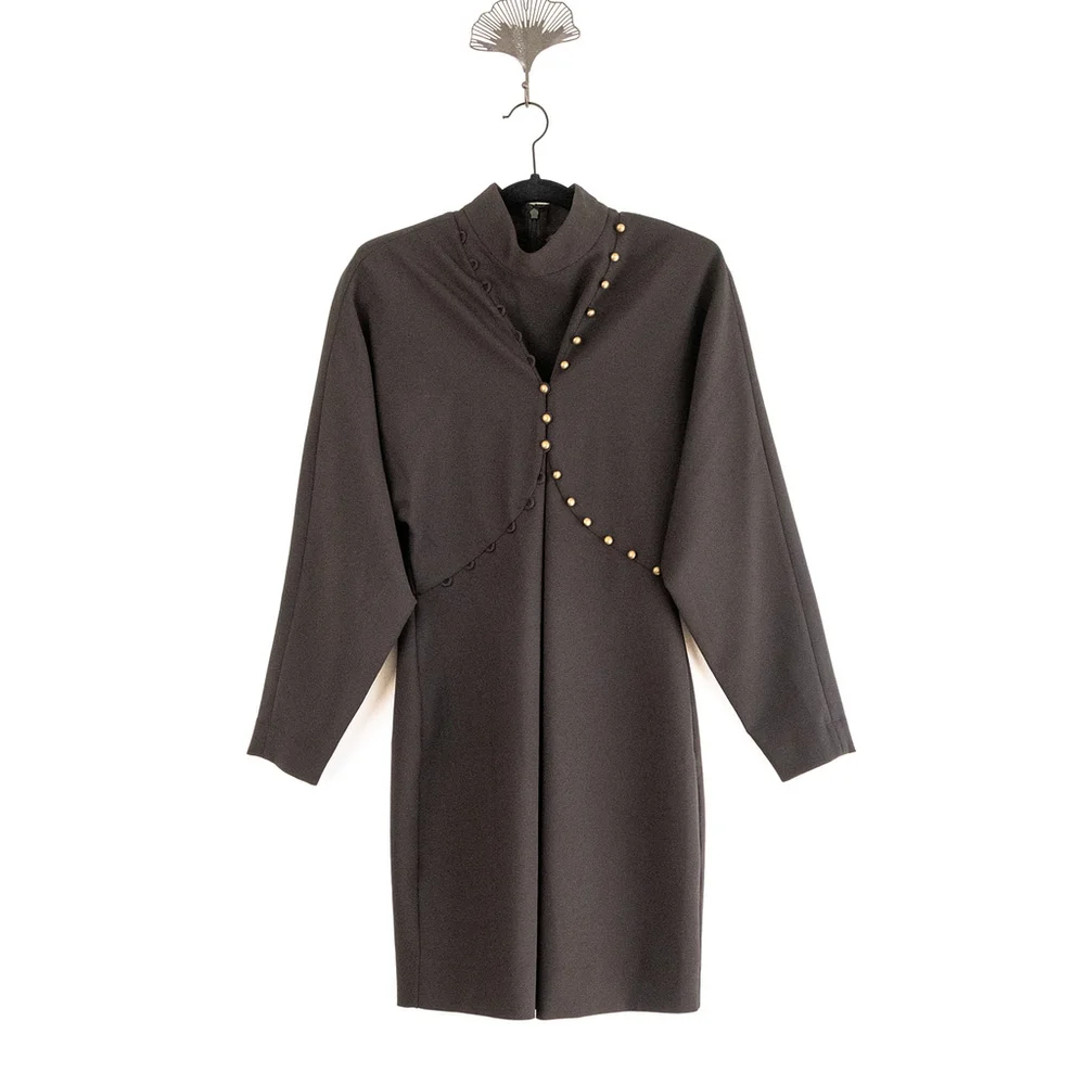 Nicole Miller Black Puff Sleeve Button Dress Mock Neck Women's $395 - Size 10 - Picture 5 of 14